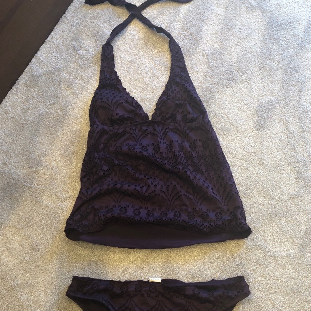 Purple eyelet halter tankini swimsuit